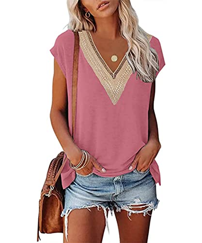 GRMLRPT Damen Ärmellos V-Ausschnitt Bluse Elegant Flügelärmeln Loose Casual T-Shirts Sommer Tops Oberteile Basic Einfarbige Tunika Lässig(rosa,M) von GRMLRPT