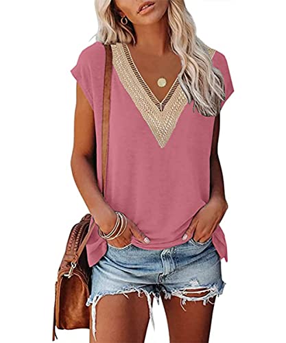 GRMLRPT T-Shirts Sommer Damen Oberteile Kurzarm V-Ausschnitt Tops Basic Einfarbige Tunika Lässig Bluse Elegant Loose Casual Flügelärmeln(rosa,S) von GRMLRPT