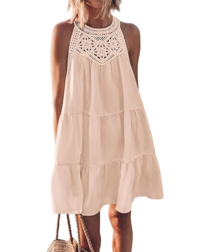 GRMLRPT Sommerkleid Damen Neckholder Ärmelloses Freizeitkleid Boho Knielang Strandkleider Ethnischer Stil Kleider Elegant A-Line Kleider(Beige,M) von GRMLRPT