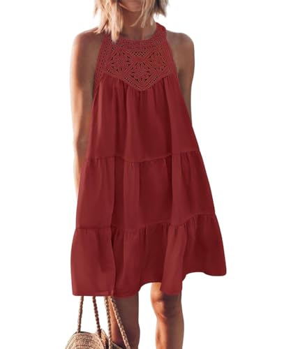 GRMLRPT Sommerkleid Damen Neckholder Ärmelloses Freizeitkleid Boho Knielang Strandkleider Ethnischer Stil Kleider Elegant A-Line Kleider(Rot,XL) von GRMLRPT