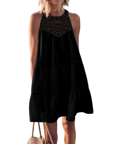 GRMLRPT Sommerkleid Damen Neckholder Ärmelloses Freizeitkleid Boho Knielang Strandkleider Ethnischer Stil Kleider Elegant A-Line Kleider(Schwarz,S) von GRMLRPT