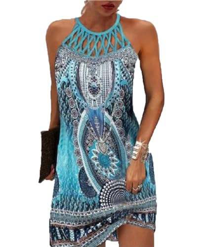 GRMLRPT Damen Ärmelloses Boho Sommerkleid Knielang Ethnischer Stil Elegant Bedruckt Mesh Retro Kleider Neckholder Freizeitkleid Damens Kleider Strandkleider(Blau-1,XL) von GRMLRPT