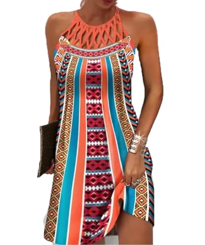 GRMLRPT Damen Ärmelloses Boho Sommerkleid Knielang Ethnischer Stil Elegant Bedruckt Mesh Retro Kleider Neckholder Freizeitkleid Damens Kleider Strandkleider(Mehrfarbig,XL) von GRMLRPT