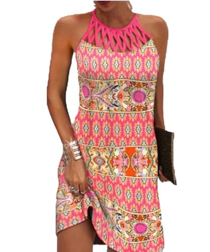 GRMLRPT Damen Ärmelloses Boho Sommerkleid Knielang Ethnischer Stil Elegant Bedruckt Mesh Retro Kleider Neckholder Freizeitkleid Damens Kleider Strandkleider(Rosa,L) von GRMLRPT