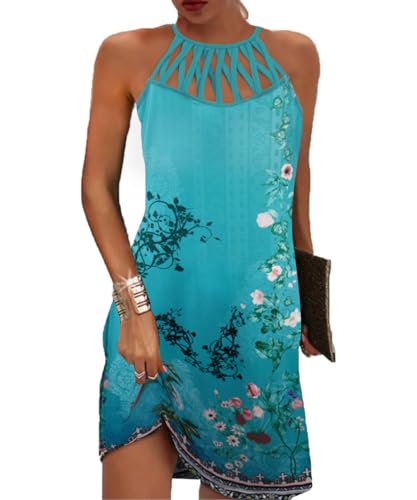 GRMLRPT Damen Ärmelloses Boho Sommerkleid Knielang Ethnischer Stil Elegant Bedruckt Mesh Retro Kleider Neckholder Freizeitkleid Damens Kleider Strandkleider(Blau-3,S) von GRMLRPT