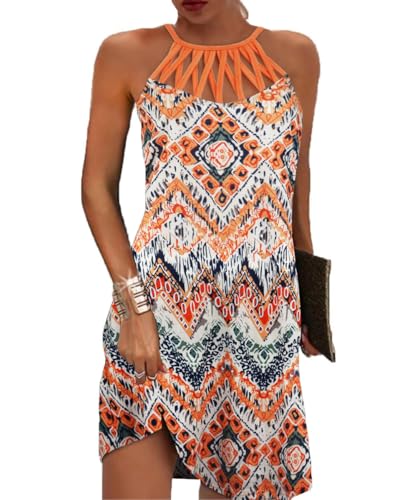 GRMLRPT Damen Ärmelloses Boho Sommerkleid Knielang Ethnischer Stil Elegant Bedruckt Mesh Retro Kleider Neckholder Freizeitkleid Damens Kleider Strandkleider(Orange,XXL) von GRMLRPT