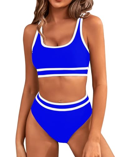 GRMLRPT Damen Bikini Set V-Ausschnitt Bikini Sportlicher Stil Mid Waist Zweiteiliger Badeanzug Swimsuit(Blau,L) von GRMLRPT