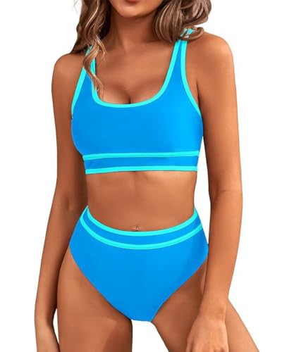 GRMLRPT Damen Bikini Set V-Ausschnitt Bikini Sportlicher Stil Mid Waist Zweiteiliger Badeanzug Swimsuit(Blau-2,L) von GRMLRPT