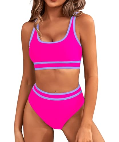 GRMLRPT Damen Bikini Set V-Ausschnitt Bikini Sportlicher Stil Mid Waist Zweiteiliger Badeanzug Swimsuit(Rosa,M) von GRMLRPT