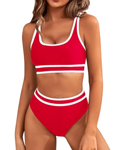 GRMLRPT Damen Bikini Set V-Ausschnitt Bikini Sportlicher Stil Mid Waist Zweiteiliger Badeanzug Swimsuit(Rot,S) von GRMLRPT