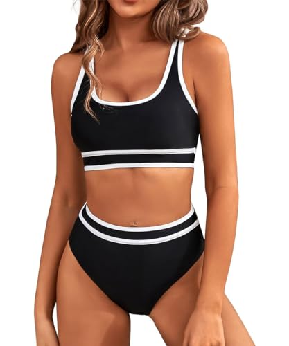 GRMLRPT Damen Bikini Set V-Ausschnitt Bikini Sportlicher Stil Mid Waist Zweiteiliger Badeanzug Swimsuit(Schwarz,M) von GRMLRPT