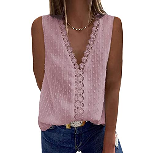 GRMLRPT Damen Bluse Chiffon Blusenshirt Hemd Spitze V-Ausschnitt Elegant Ärmellos Casual Oberteile Tops Tunika T-Shirt (Rosa,XL) von GRMLRPT