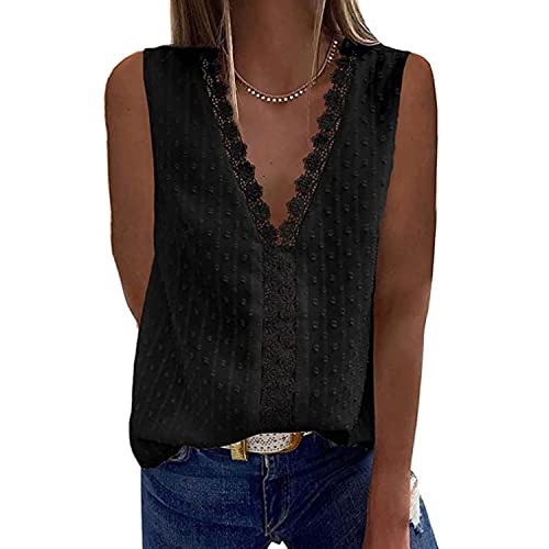 GRMLRPT Damen Bluse Chiffon Blusenshirt Hemd Spitze V-Ausschnitt Elegant Ärmellos Casual Oberteile Tops Tunika T-Shirt (Schwarz,S) von GRMLRPT