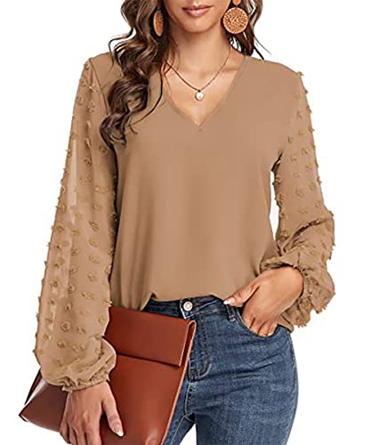 GRMLRPT Damen Chiffonbluse Langarm Bluse Damen Elegant Herbst V-Ausschnitt Tunika Casual Sommer Herbst Oberteile Damen Sweatshirt Langarmshirt Laternenärmel(Khaki,S) von GRMLRPT