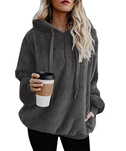 GRMLRPT Damen Fleecepullover Casual Hoodies Flauschiger Fleece Reißverschluss Damen Sweatshirts mit Taschen für Damen Herbst Winterpullover Essentials(Grau-XXL) von GRMLRPT