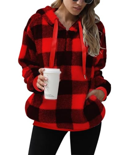 GRMLRPT Damen Fleecepullover Casual Hoodies Flauschiger Fleece Reißverschluss Sweatshirts Mit Taschen für Herbst Winterpullover Essentials (Rot-XL) von GRMLRPT