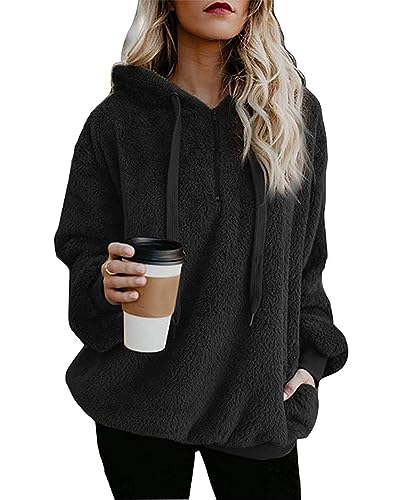 GRMLRPT Damen Fleecepullover Casual Hoodies Flauschiger Fleece Reißverschluss Damen Sweatshirts mit Taschen für Damen Herbst Winterpullover Essentials(Schwarz-L) von GRMLRPT