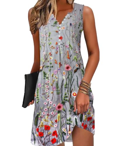 GRMLRPT Damen Freizeitkleid Boho Leicht Sommerkleider Armellos V-Ausschnitt Elegant Kurz Strandkleid Blumen Luftig Dress Hawaii Kleid Basic(Grau,XL) von GRMLRPT