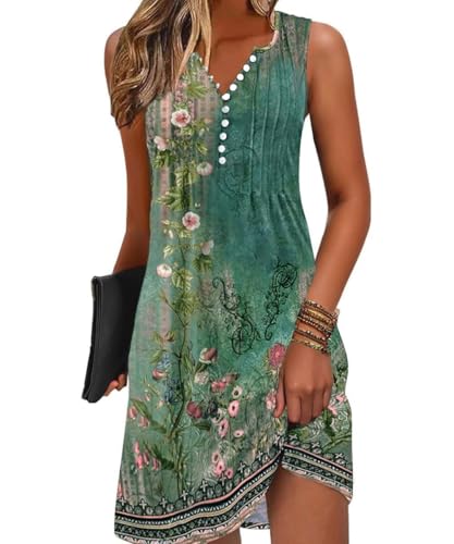 GRMLRPT Damen Freizeitkleid Boho Leicht Sommerkleider Armellos V-Ausschnitt Elegant Kurz Strandkleid Blumen Luftig Dress Hawaii Kleid Basic(Grün,XXL) von GRMLRPT