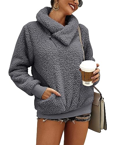 GRMLRPT Damen Hoodie Casual Rollkragenpullover Herbst Teddy-Fleece Reißverschluss Oberteil Einfarbig Pullover für Damen Winterpullover Essentials (Grau,L) von GRMLRPT