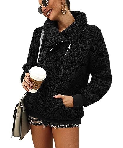 GRMLRPT Damen Hoodie Casual Rollkragenpullover Herbst Teddy-Fleece Reißverschluss Oberteil Einfarbig Pullover für Damen Winterpullover Essentials (Schwarz,L) von GRMLRPT