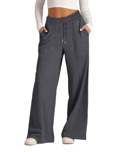 GRMLRPT Damen Hosen Jogginghose für Damen Lang Sporthose Lockere Tunnelzug Baggy Weites Bein Hosen Freizeithose Sweatpants Mit Taschen(Dunkelgrau,XXL) von GRMLRPT