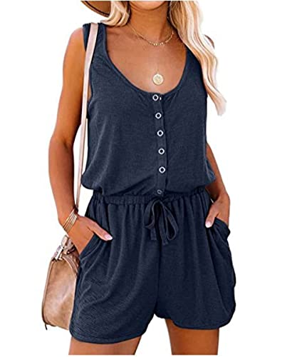 GRMLRPT Damen Jumpsuit Elegant Ärmellos U-Ausschnitt Overall Sommer Lose Hosenanzug Kurz Playsuit Romper Sommer Strand Beachwear(Blau,XXL) von GRMLRPT