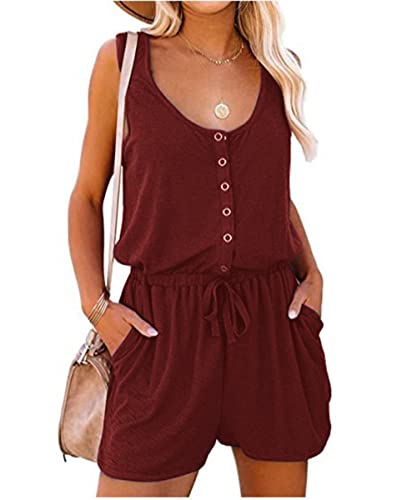 GRMLRPT Damen Jumpsuit Elegant Ärmellos U-Ausschnitt Overall Sommer Lose Hosenanzug Kurz Playsuit Romper Sommer Strand Beachwear(Rot,XL) von GRMLRPT