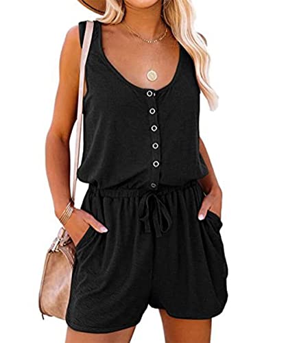 GRMLRPT Damen Jumpsuit Elegant Ärmellos U-Ausschnitt Overall Sommer Lose Hosenanzug Kurz Playsuit Romper Sommer Strand Beachwear(Schwarz,L) von GRMLRPT