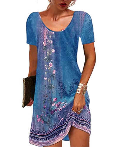 GRMLRPT Damen Kurzarm Rundhals Kleid Bohemian Blumen Sommerkleider MiniKleid Blumendruck Lose Tunika Freizeitkleid(Blau,M) von GRMLRPT