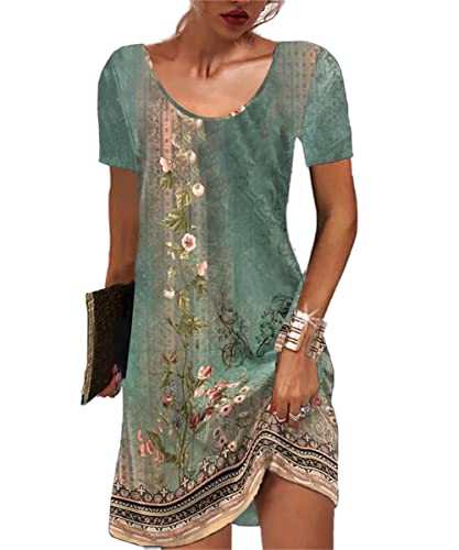 GRMLRPT Damen Kurzarm Rundhals Kleid Bohemian Blumen Sommerkleider MiniKleid Blumendruck Lose Tunika Freizeitkleid(Grün,L) von GRMLRPT