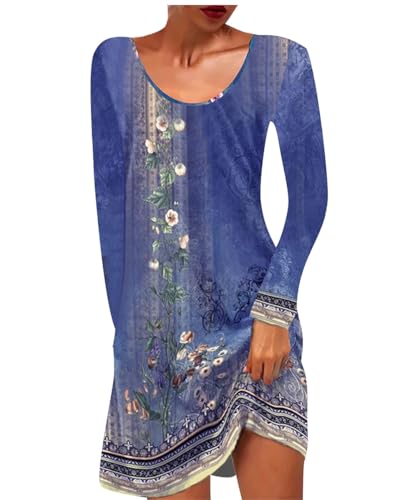 GRMLRPT Damen Langarm Rundhal Kleid Bohemian Blumen Sommerkleider MiniKleid Blumendruck Lose Tunika Freizeitkleid(Blau,S) von GRMLRPT