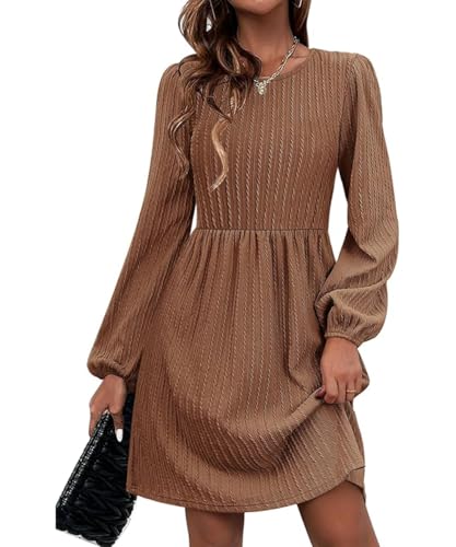 GRMLRPT Damen Langarm Rundhals Pulloverkleid Elegant Knielang Herbstkleid Casual Kleid Herbst Winter A Linien Bequem Midikleid(Braun,XL) von GRMLRPT
