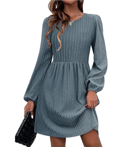 GRMLRPT Damen Langarm Rundhals Pulloverkleid Elegant Knielang Herbstkleid Casual Kleid Herbst Winter A Linien Bequem Midikleid(Grau,XL) von GRMLRPT