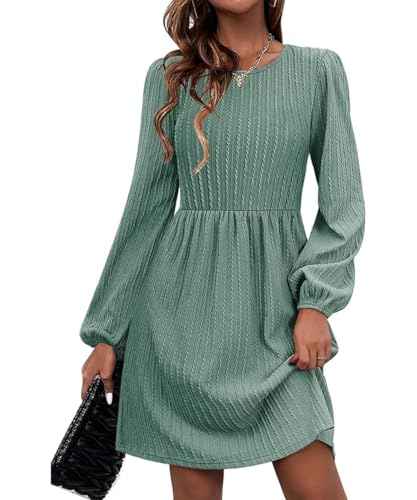 GRMLRPT Damen Langarm Rundhals Pulloverkleid Elegant Knielang Herbstkleid Casual Kleid Herbst Winter A Linien Bequem Midikleid(Grün,XL) von GRMLRPT