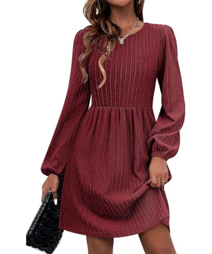 GRMLRPT Damen Langarm Rundhals Pulloverkleid Elegant Knielang Herbstkleid Casual Kleid Herbst Winter A Linien Bequem Midikleid(Rot,M) von GRMLRPT