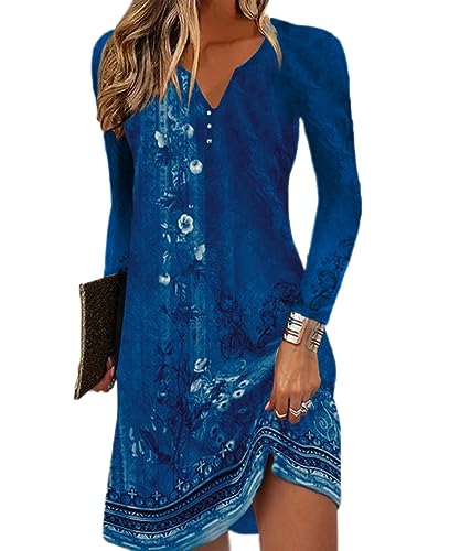 GRMLRPT Damen Langarm V-Ausschnitt Kleid Bohemian Blumen Sommerkleider MiniKleid Blumendruck Lose Tunika Freizeitkleid(Blau,L) von GRMLRPT