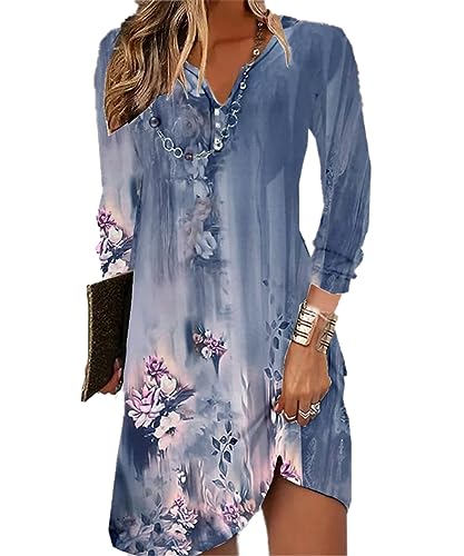 GRMLRPT Damen Langarm V-Ausschnitt Kleid Bohemian Blumen Sommerkleider MiniKleid Blumendruck Lose Tunika Freizeitkleid(Blau,M) von GRMLRPT