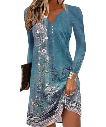 GRMLRPT Damen Langarm V-Ausschnitt Kleid Bohemian Blumen Sommerkleider MiniKleid Blumendruck Lose Tunika Freizeitkleid(Blau-2,XL) von GRMLRPT