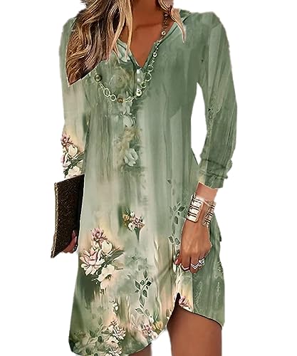 GRMLRPT Damen Langarm V-Ausschnitt Kleid Bohemian Blumen Sommerkleider MiniKleid Blumendruck Lose Tunika Freizeitkleid(Grün,L) von GRMLRPT