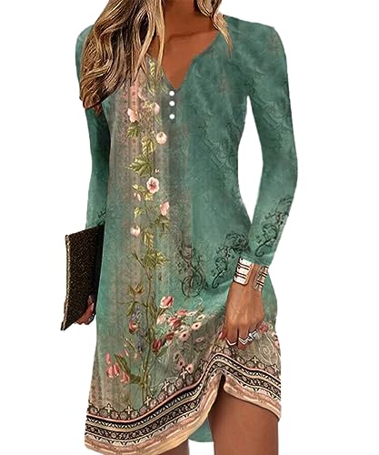 GRMLRPT Damen Langarm V-Ausschnitt Kleid Bohemian Blumen Sommerkleider MiniKleid Blumendruck Lose Tunika Freizeitkleid(Grün,XXL) von GRMLRPT