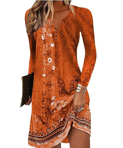 GRMLRPT Damen Langarm V-Ausschnitt Kleid Bohemian Blumen Sommerkleider MiniKleid Blumendruck Lose Tunika Freizeitkleid MiniKleid(Orange,XXL) von GRMLRPT