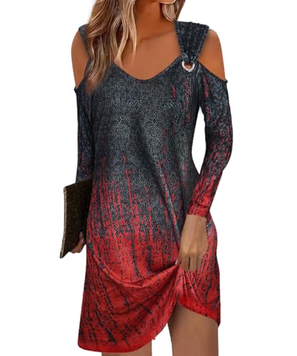 GRMLRPT Damen Minikleid Langarm Kleid Mit Schulterfre Freizeitkleid Fashion Blumenkleid Floral Print Kleid für Frühling und Sommer (Schwarz Rot,XL) von GRMLRPT