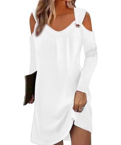 GRMLRPT Damen Minikleid Langarm Kleid Mit Schulterfre Freizeitkleid Fashion Blumenkleid Floral Print Kleid für Frühling und Sommer (Weiß,S) von GRMLRPT