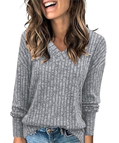 GRMLRPT Oberteile Damen Langarm Pullover Casual V-Ausschnitt Langarmshirt Leichtes Herbst Strickpullover Winter Tshirts Basic Top(Grau,XXL) von GRMLRPT