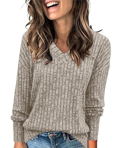 GRMLRPT Oberteile Damen Langarm Pullover Casual V-Ausschnitt Langarmshirt Leichtes Herbst Strickpullover Winter Tshirts Basic Top(Khaki,XXL) von GRMLRPT