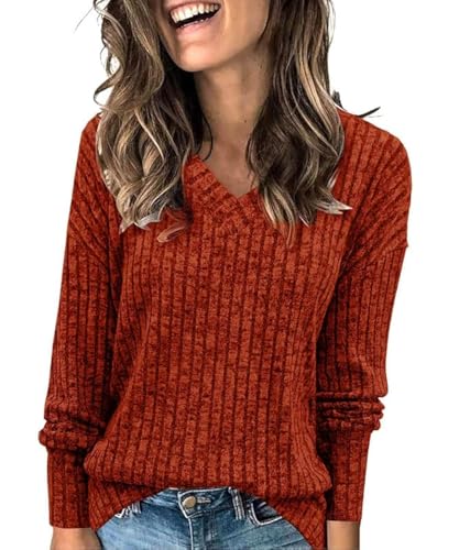 GRMLRPT Oberteile Damen Langarm Pullover Casual V-Ausschnitt Langarmshirt Leichtes Herbst Strickpullover Winter Tshirts Basic Top(Orange,XL) von GRMLRPT