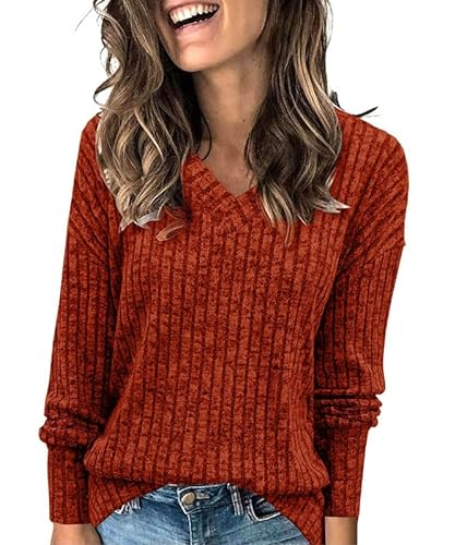 GRMLRPT Damen Pullover Casual V-Ausschnitt Langarmshirt Leichtes Herbst Strickpullover Winter Oberteile S-2XL(Orange,XXL) von GRMLRPT