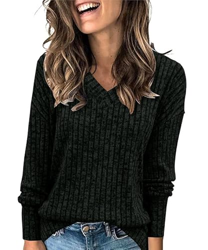 GRMLRPT Damen Pullover Casual V-Ausschnitt Langarmshirt Leichtes Herbst Strickpullover Winter Oberteile S-2XL(Schwarz,L) von GRMLRPT