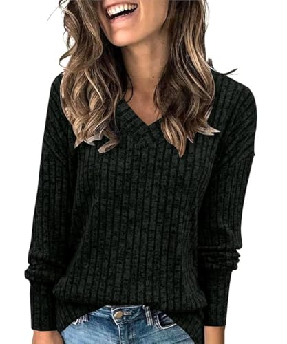 GRMLRPT Oberteile Damen Langarm Pullover Casual V-Ausschnitt Langarmshirt Leichtes Herbst Strickpullover Winter Tshirts Basic Top(Schwarz,M) von GRMLRPT